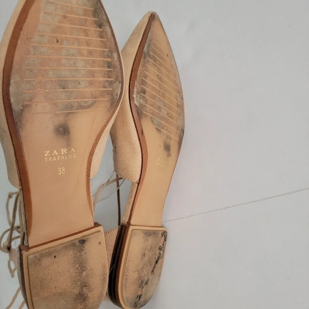 Zara Sz 38 8 Suede Lace Up Pointed Toe Ballet Flats Shoes Tan - Picture 7 of 8